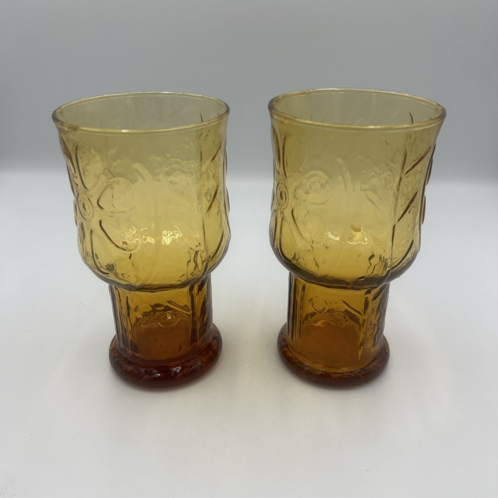 Vintage Libbey 6" Tumbler Country Garden Daisy in Amber Glasses Set of 2